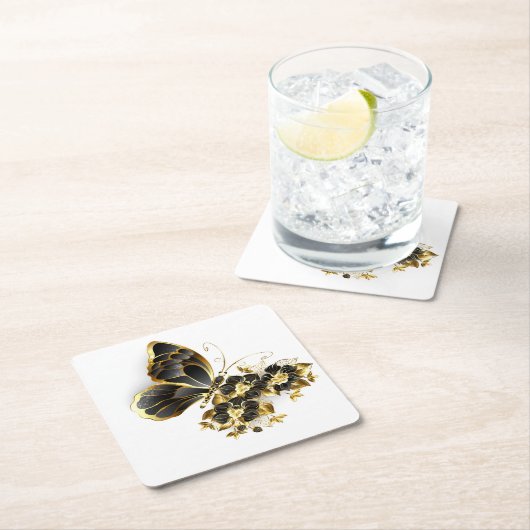 Gouden Bloem Vlinder met Zwarte Orchidee Kartonnen Onderzetters (Insitu)