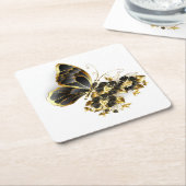 Gouden Bloem Vlinder met Zwarte Orchidee Kartonnen Onderzetters (Schuin)