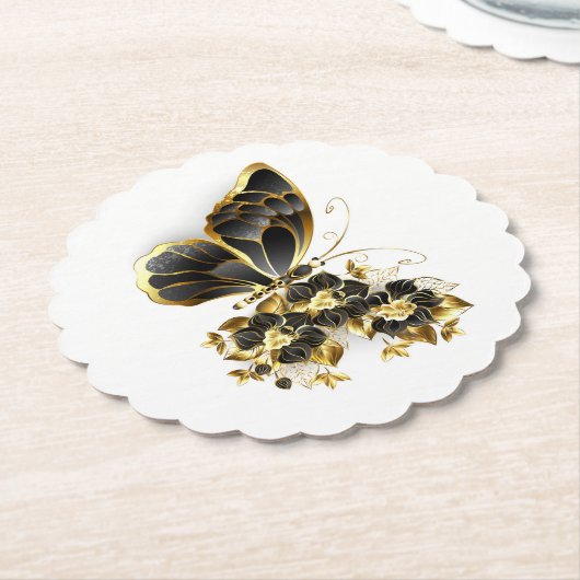 Gouden Bloem Vlinder met Zwarte Orchidee Kartonnen Onderzetters (Gekanteld)