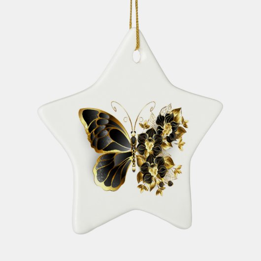 Gouden Bloem Vlinder met Zwarte Orchidee Keramisch Ornament (Rechts)
