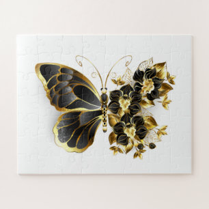 Gouden Bloem Vlinder met Zwarte Orchidee Legpuzzel