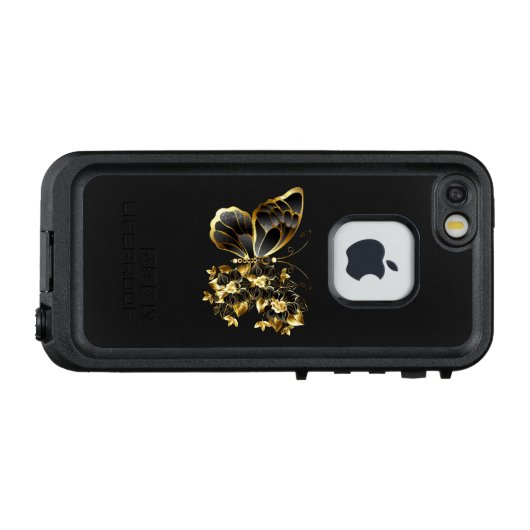 Gouden Bloem Vlinder met Zwarte Orchidee LifeProof iPhone Hoesje (Achterkant (horizontaal))
