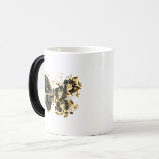 Gouden Bloem Vlinder met Zwarte Orchidee Magische Mok (Voorkant links)