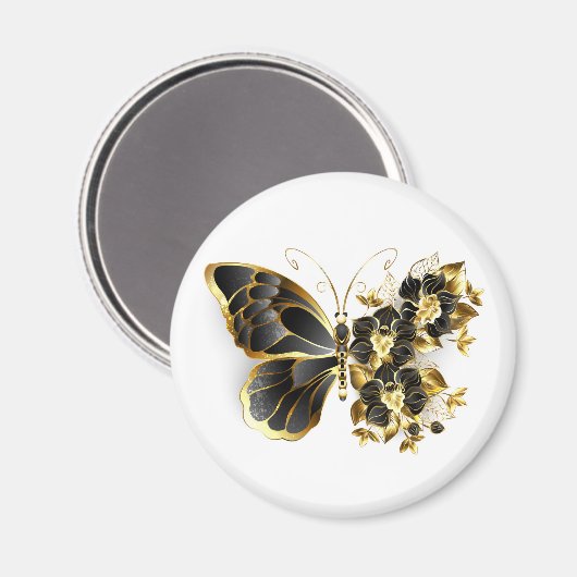 Gouden Bloem Vlinder met Zwarte Orchidee Magneet (Voorkant / Achterkant)