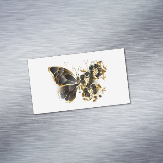 Gouden Bloem Vlinder met Zwarte Orchidee Magnetisch Visitekaartje (Voorbeeld)
