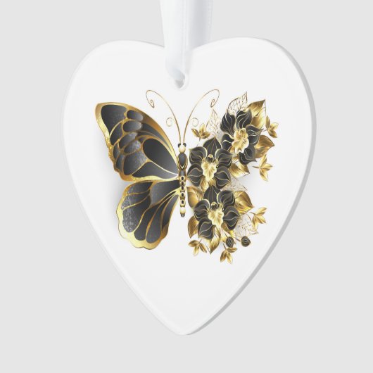 Gouden Bloem Vlinder met Zwarte Orchidee Ornament (voorkant)