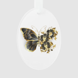 Gouden Bloem Vlinder met Zwarte Orchidee Ornament