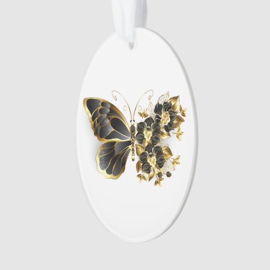 Gouden Bloem Vlinder met Zwarte Orchidee Ornament (voorkant)
