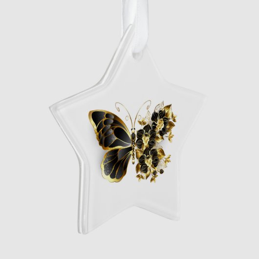 Gouden Bloem Vlinder met Zwarte Orchidee Ornament (voorkant)
