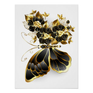 Gouden Bloem Vlinder met Zwarte Orchidee Perfect Poster