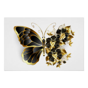 Gouden Bloem Vlinder met Zwarte Orchidee Perfect Poster