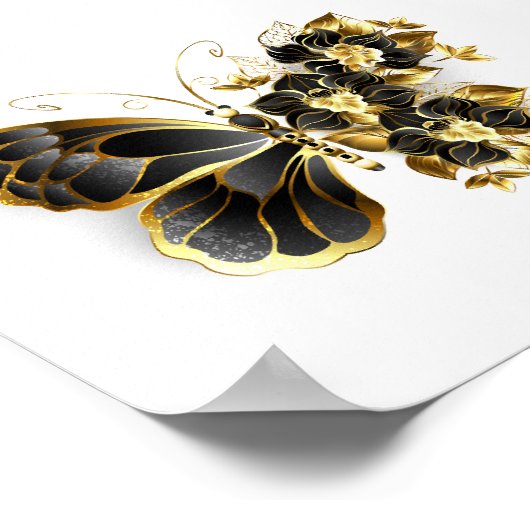 Gouden Bloem Vlinder met Zwarte Orchidee Poster (Hoek)