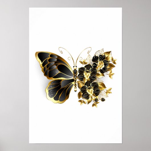 Gouden Bloem Vlinder met Zwarte Orchidee Poster (Voorkant)
