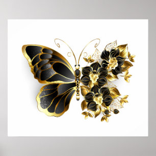Gouden Bloem Vlinder met Zwarte Orchidee Poster
