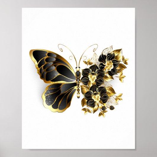 Gouden Bloem Vlinder met Zwarte Orchidee Poster (Voorkant)