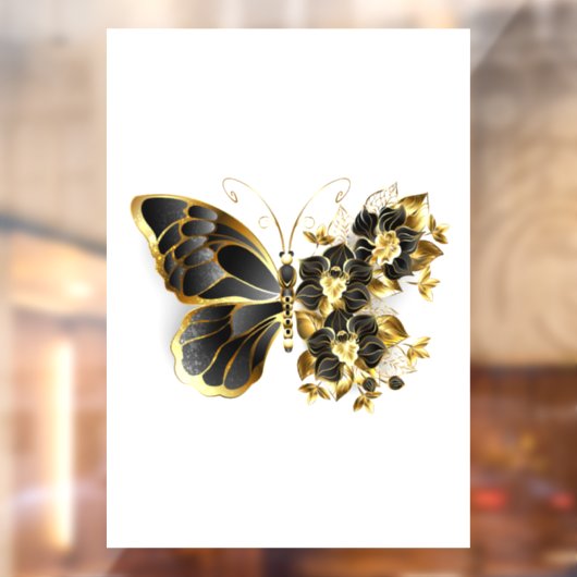 Gouden Bloem Vlinder met Zwarte Orchidee Raamsticker (Vel 2)
