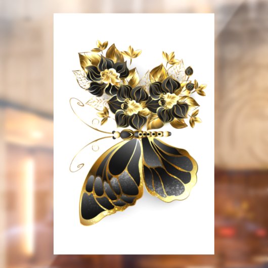 Gouden Bloem Vlinder met Zwarte Orchidee Raamsticker (Vel 2)