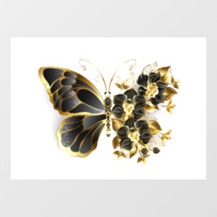 Gouden Bloem Vlinder met Zwarte Orchidee Raamsticker