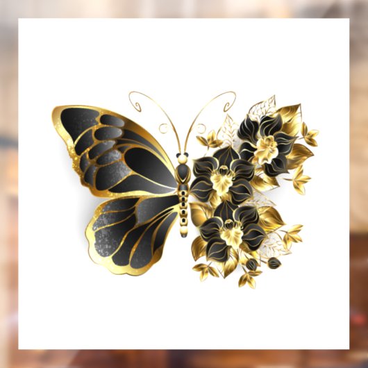 Gouden Bloem Vlinder met Zwarte Orchidee Raamsticker (Vel 2)