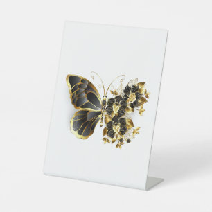 Gouden Bloem Vlinder met Zwarte Orchidee Reclamebord Met Voetstuk