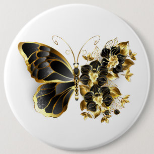 Gouden Bloem Vlinder met Zwarte Orchidee Ronde Button 6,0 Cm