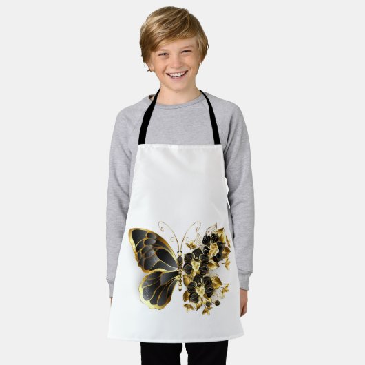 Gouden Bloem Vlinder met Zwarte Orchidee Schort (Gedragen)