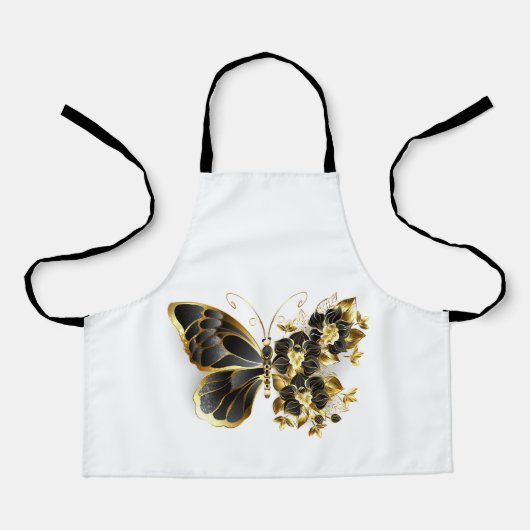 Gouden Bloem Vlinder met Zwarte Orchidee Schort (Voorkant)