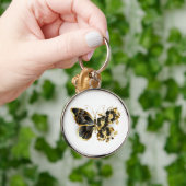 Gouden Bloem Vlinder met Zwarte Orchidee Sleutelhanger (Hand)