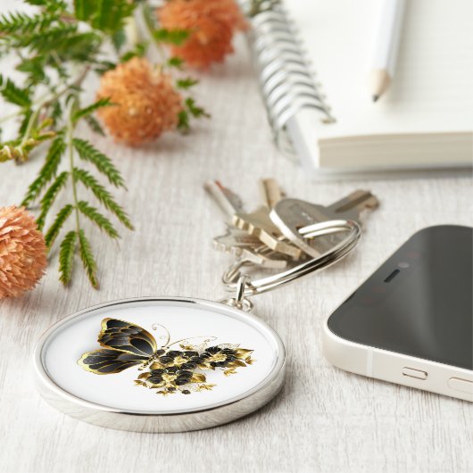 Gouden Bloem Vlinder met Zwarte Orchidee Sleutelhanger (Zijkant)