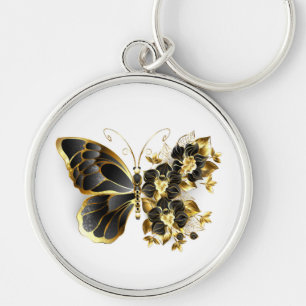 Gouden Bloem Vlinder met Zwarte Orchidee Sleutelhanger