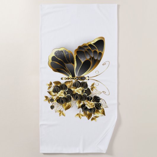 Gouden Bloem Vlinder met Zwarte Orchidee Strandlaken (Voorkant)
