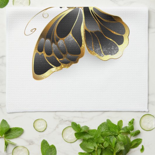 Gouden Bloem Vlinder met Zwarte Orchidee Theedoek (Gevouwen)