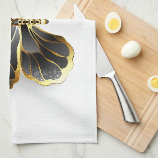 Gouden Bloem Vlinder met Zwarte Orchidee Theedoek (Quarter Fold)