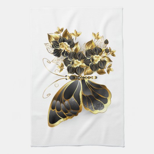 Gouden Bloem Vlinder met Zwarte Orchidee Theedoek (Verticaal)
