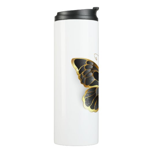 Gouden Bloem Vlinder met Zwarte Orchidee Thermosbeker (Gedraaid links)