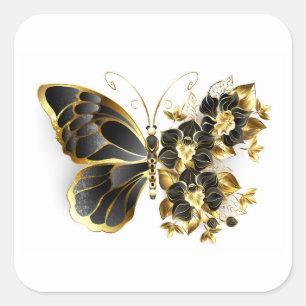 Gouden Bloem Vlinder met Zwarte Orchidee Vierkante Sticker