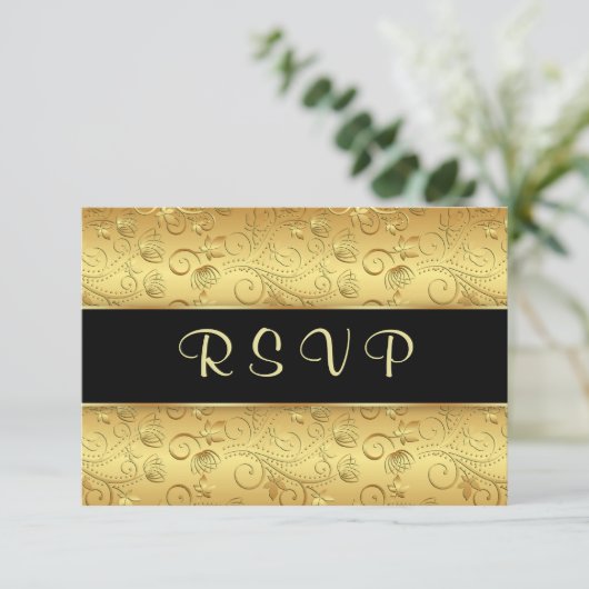 Gouden bloem zwart RSVP (Staand voorkant)