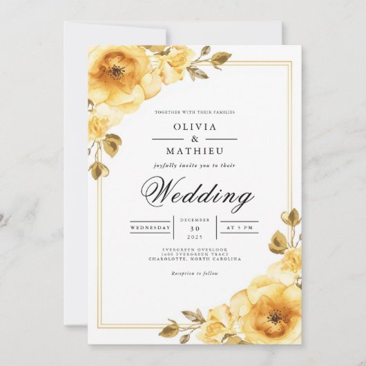 Gouden Bloemaccent Bruiloft Kaart (Voorkant)
