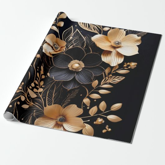 Gouden bloemblaadjes: Bloemen op zwart Cadeaupapier (Uitgerold)