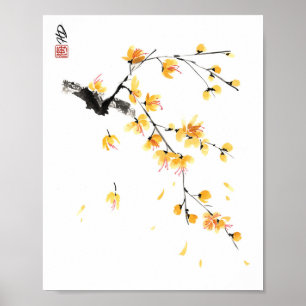 Gouden Bloemblaadjes in de Wind Waterverf Prunus Poster