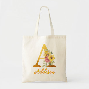 Gouden Bloembrief Een Monogram Huwelijksgunst Tote Bag