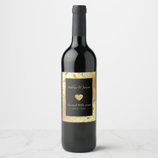 Gouden bloemdamast en hart wijn etiket (Voorkant)