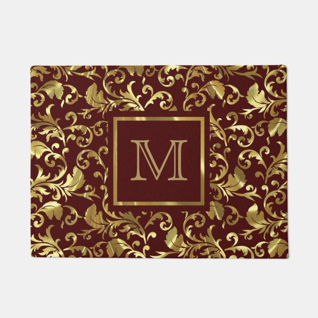 Gouden  bloemdamast op bruine achtergrond deurmat (Voorkant)