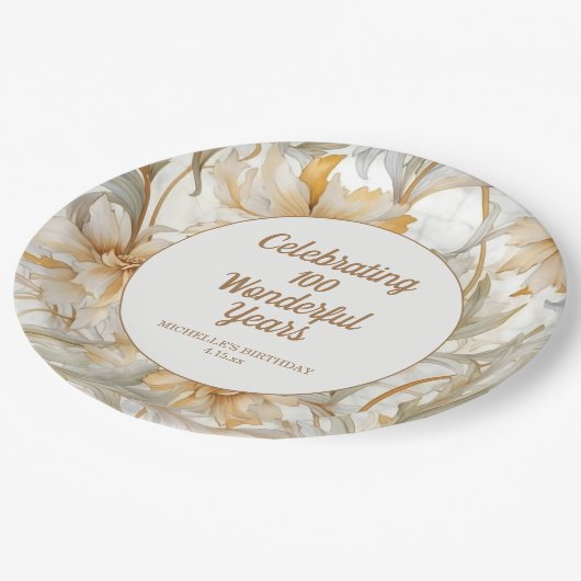 Gouden Bloemen 100ste verjaardag Papieren Bordje (Gekanteld)