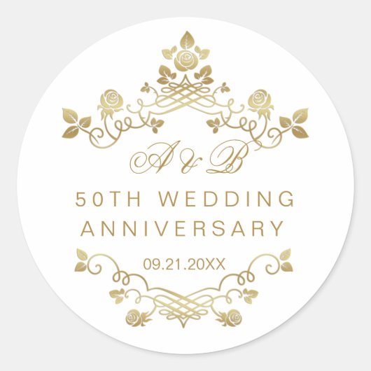 Gouden Bloemen 50e bruiloft Jubileum Classic Roun Ronde Sticker (Voorkant)