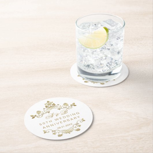 Gouden Bloemen 50ste bruiloft Jubileum Ronde Kartonnen Onderzetter (Insitu)