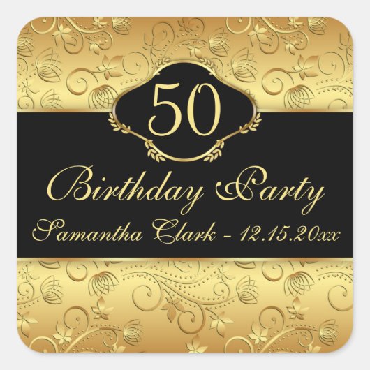 Gouden bloemen 50ste verjaardagsfeestje vierkante sticker (Voorkant)