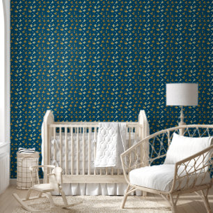 gouden Bloemen Abstract op Blauwe Achtergrond Behang