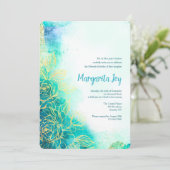 Gouden Bloemen Aquarel Teal Uitnodiging (Staand voorkant)