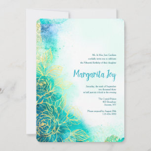 Gouden Bloemen Aquarel Turquoise Uitnodiging